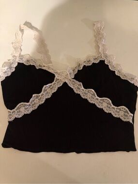 Trendyol Black Cami with Cream Lace Trim